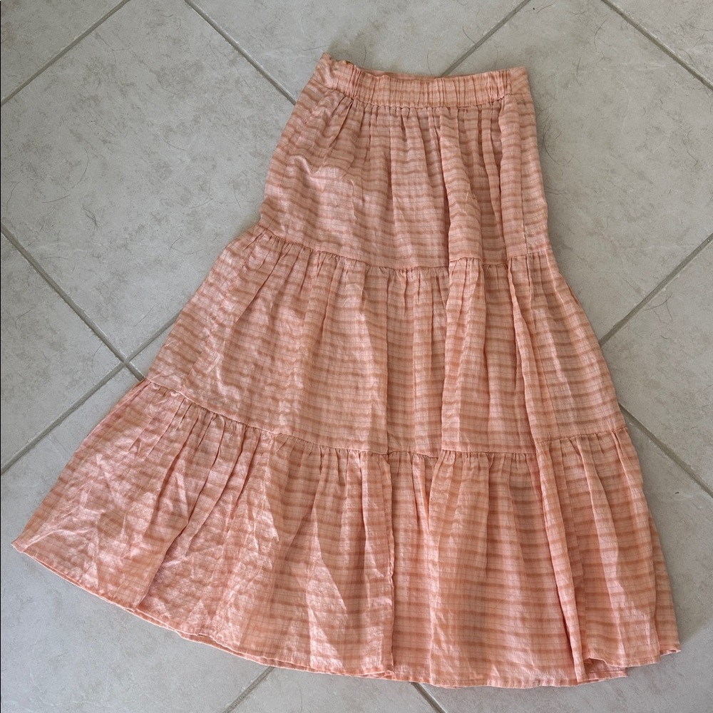 Gingham Peach Tiered A-Line Long Skirt
